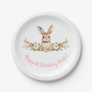 Pink Floral Bunny Girl 1st Birthday Paper Plate