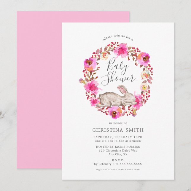 Pink Floral Bunny Girl Baby Shower Invitation (Front/Back)
