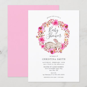 Pink Floral Bunny Girl Baby Shower Invitation
