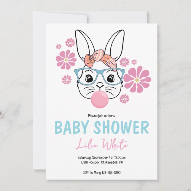 Pink Floral Bunny Girl Baby Shower personalised Invitation (Front)