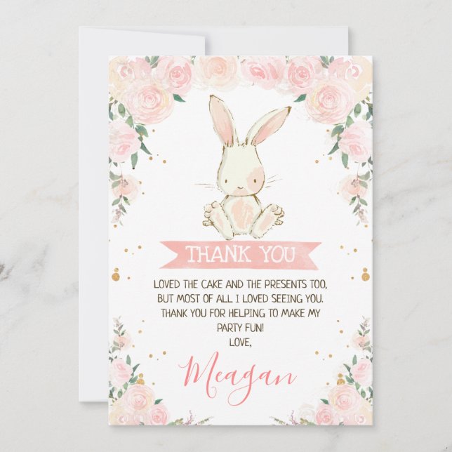 Pink Floral Bunny Girls Birthday Thank You Card (Front)