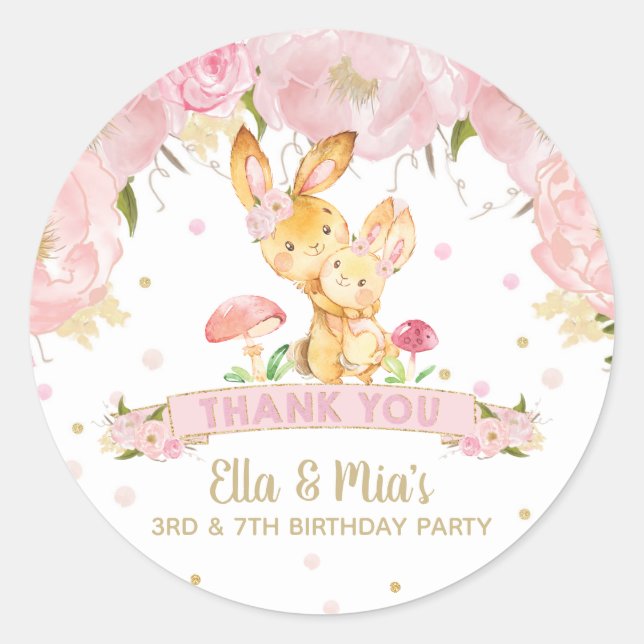 Pink Floral Bunny Joint Sisters Birthday Thank You Classic Round Sticker (Front)