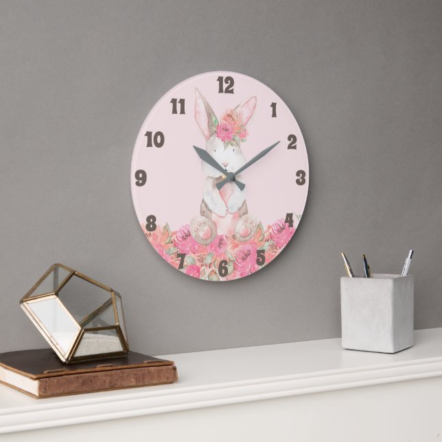 Pink Floral Bunny Kids Room Baby Nursery Large Clock (Office)
