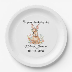 Pink floral bunny Personalized christening Paper Plate
