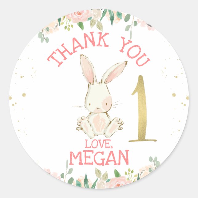 Pink Floral Bunny Rabbit 1st Birthday Classic Round Sticker (Front)