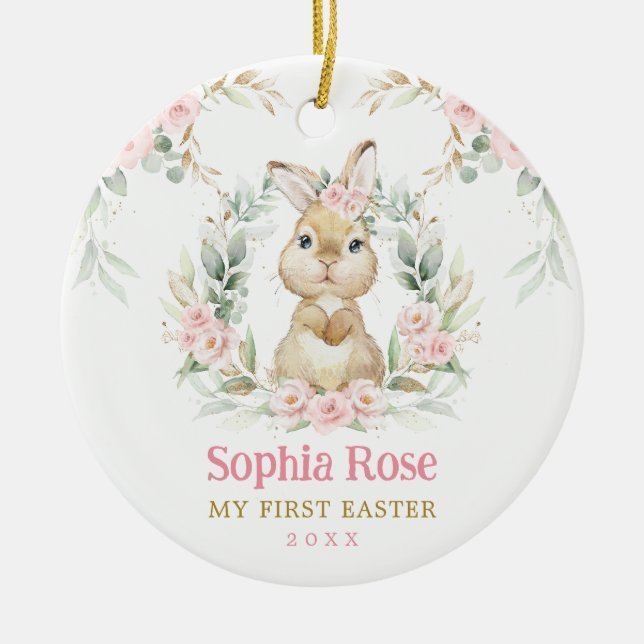 Pink Floral Bunny Rabbit Baby 1st Easter Ceramic Tree Decoration (Front)