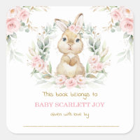 Pink Floral Bunny Rabbit Baby Shower Bookplate