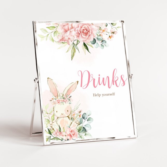 Pink Floral Bunny Rabbit Baby Shower Drinks Poster (A Little Bunny Girl Baby Shower Drinks Sign)