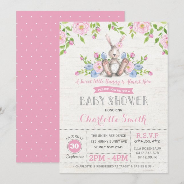 Pink Floral Bunny Rabbit Baby Shower Easter Flower Invitation (Front/Back)