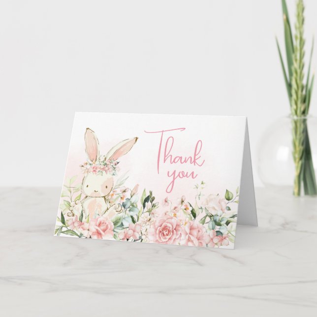 Pink Floral Bunny Rabbit Baby Shower Thank You Card (Front)