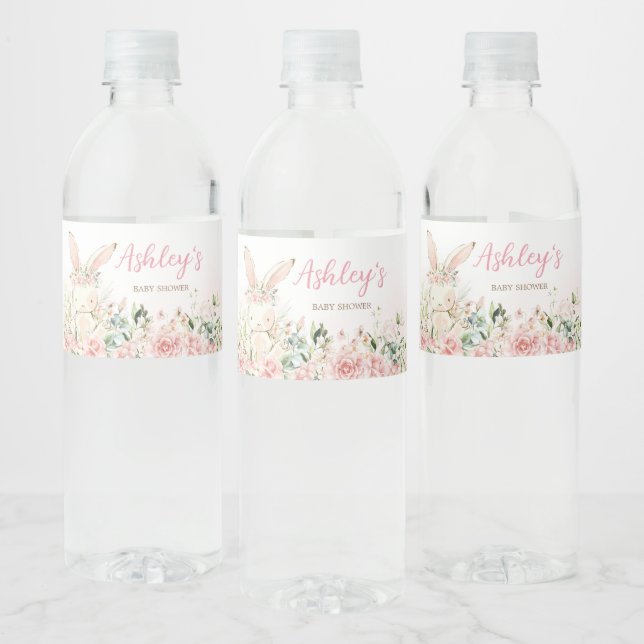 Pink Floral Bunny Rabbit Baby Shower Water Bottle Label (Bottles)