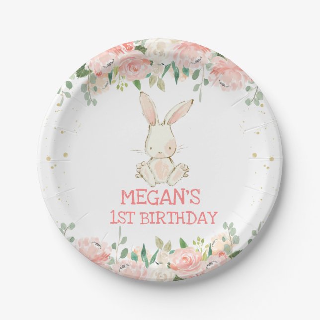 Pink Floral Bunny Rabbit Birthday Party Paper Plate (Front)