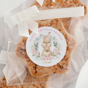 Pink Floral Bunny Rabbit Girl Baby Shower Favours Classic Round Sticker