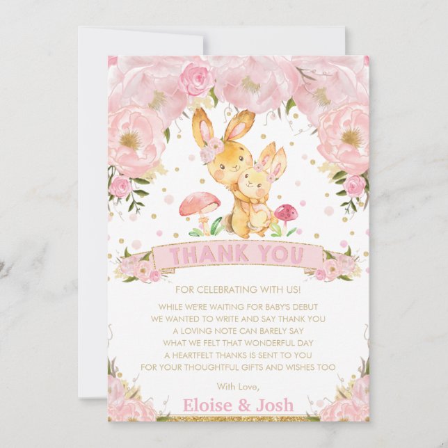 Pink Floral Bunny Rabbit Girl Baby Shower Thank You Card (Front)