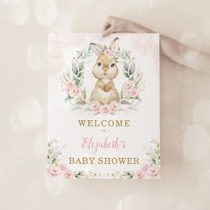 Pink Floral Bunny Rabbit Girl Baby Shower Welcome Poster
