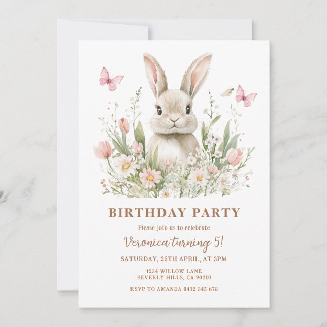 Pink Floral Bunny Rabbit Girl Birthday Party  Invitation (Front)