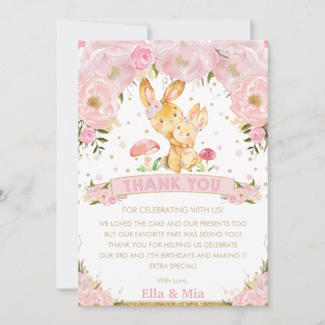 Pink Floral Bunny Rabbit Girls Joint Birthday Thank You Card (Front)
