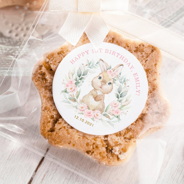 Pink Floral Bunny Rabbit Happy Birthday Favours Classic Round Sticker (Creator Uploaded)