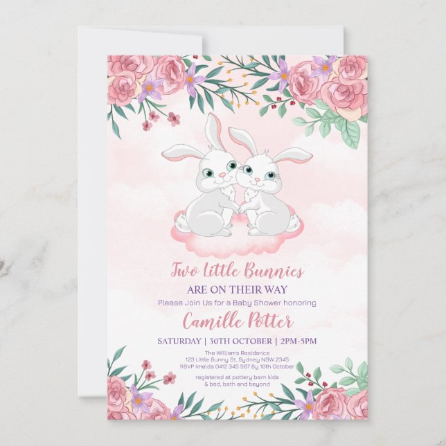 Pink Floral Bunny Rabbit Twin Girl Baby Shower Inv Invitation (Front)
