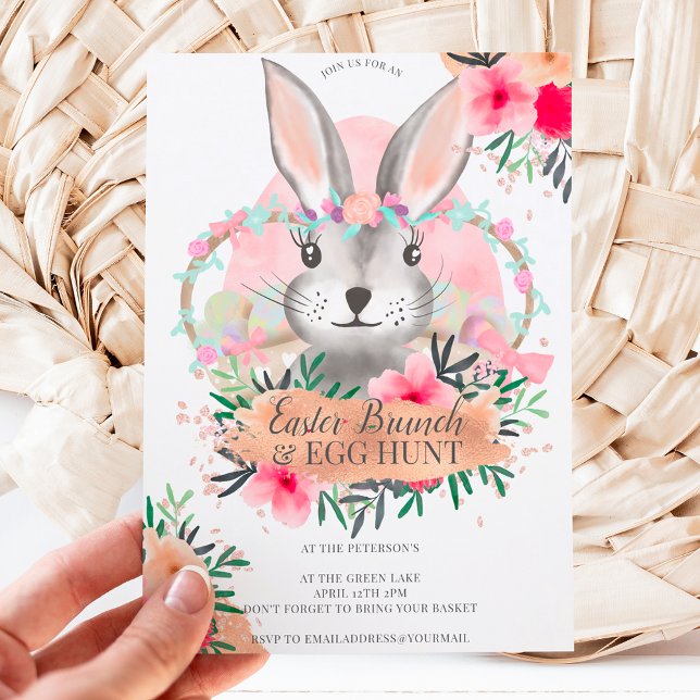 Pink floral bunny rose gold easter egg hunt invitation (Creator Uploaded)