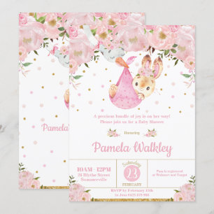 Pink Floral Bunny Stork Bundle Girl Baby Shower Invitation