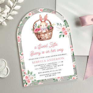 Pink Floral Bunny Sweet Baby Girl Arch Baby Shower Acrylic Invitations