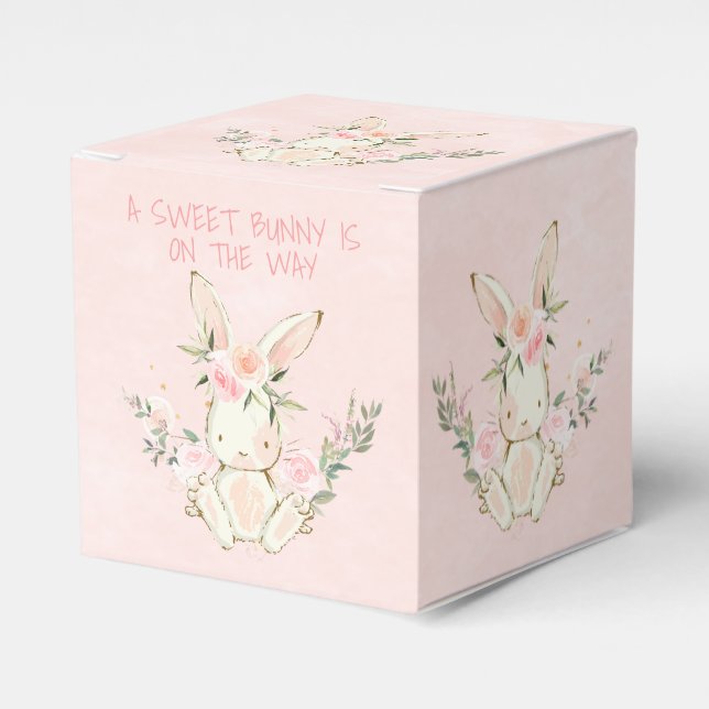 Pink Floral Bunny Themed Baby Shower Favor Box (Front Side)