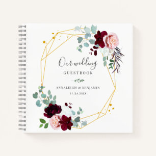 Pink Floral Burgundy Fall Wedding Guestbook Notebook