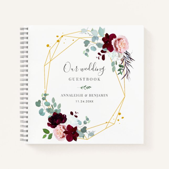 Pink Floral Burgundy Fall Wedding Guestbook Notebook (Front)