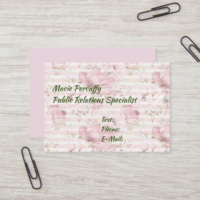 Pink Floral Business Card with Stripes (Front/Back In Situ)