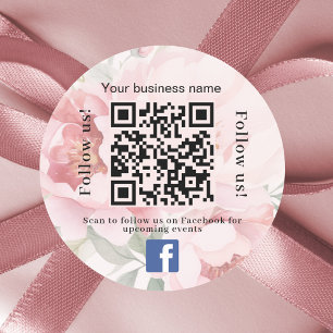 Pink floral business name qr code Facebook Classic Round Sticker