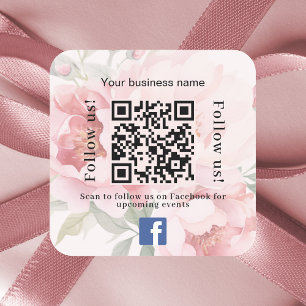 Pink floral business name qr code Facebook Square Sticker