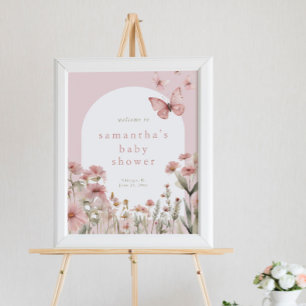 Pink floral butterflies baby shower welcome sign