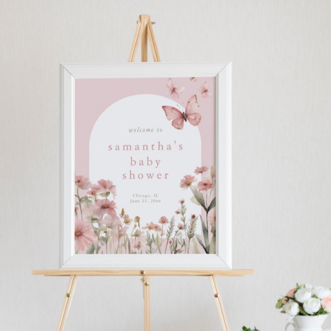 Pink floral butterflies baby shower welcome sign (Creator Uploaded)