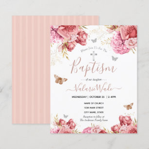 Pink Floral Butterflies Baptism Budget Invitations