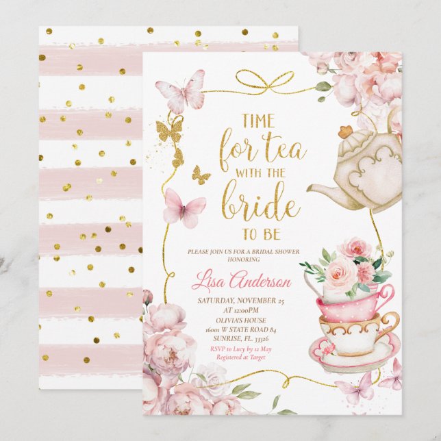 Pink Floral Butterflies Bridal Shower Tea Party  Invitation (Front/Back)