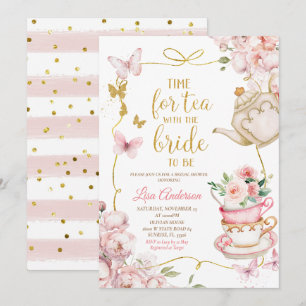 Pink Floral Butterflies Bridal Shower Tea Party  Invitation
