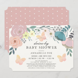 Pink Floral & Butterflies Drive-by Baby Shower Invitation