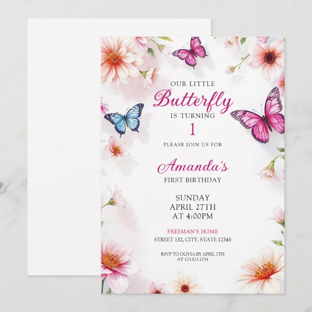Pink Floral Butterflies for Baby Girl 1st Birthday Invitation (Front/Back)