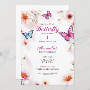Pink Floral Butterflies for Baby Girl 1st Birthday Invitation