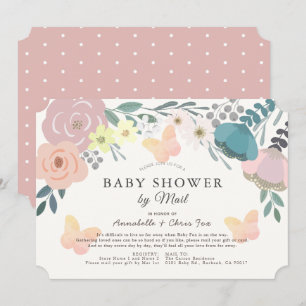 Pink Floral & Butterflies Girl Baby Shower by Mail Invitation