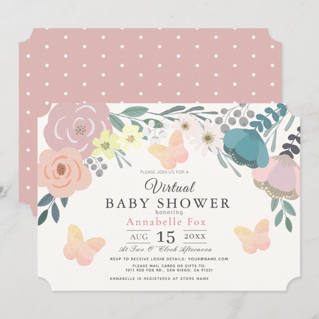 Pink Floral & Butterflies Girl Virtual Baby Shower Invitation (Front/Back)