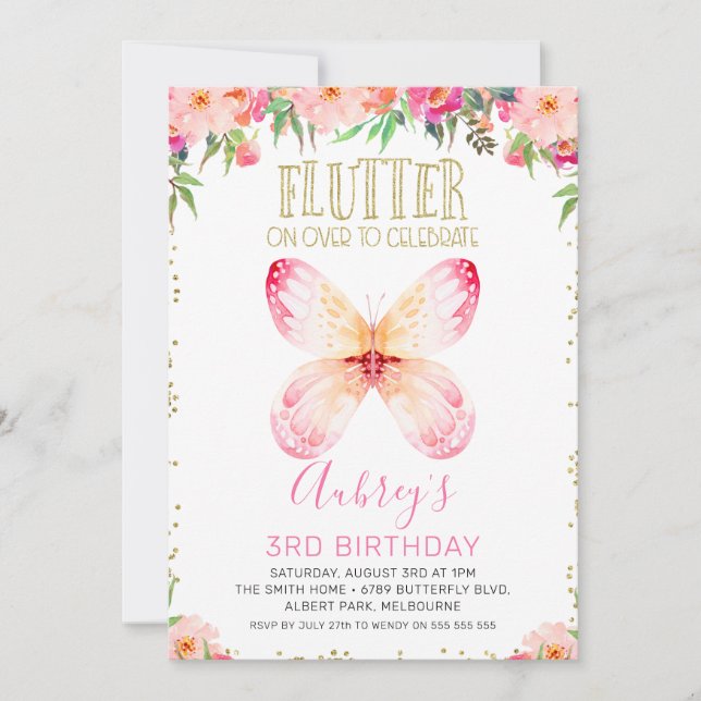 Pink Floral Butterflies Gold Glitter Text Birthday Invitation (Front)