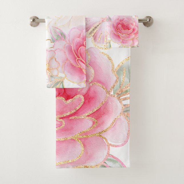 Pink Floral Butterflies-Gold Glitter White Bath Towel Set (Insitu)