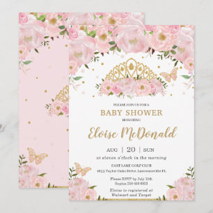 Pink Floral Butterflies Princess Tiara Baby Shower Invitation