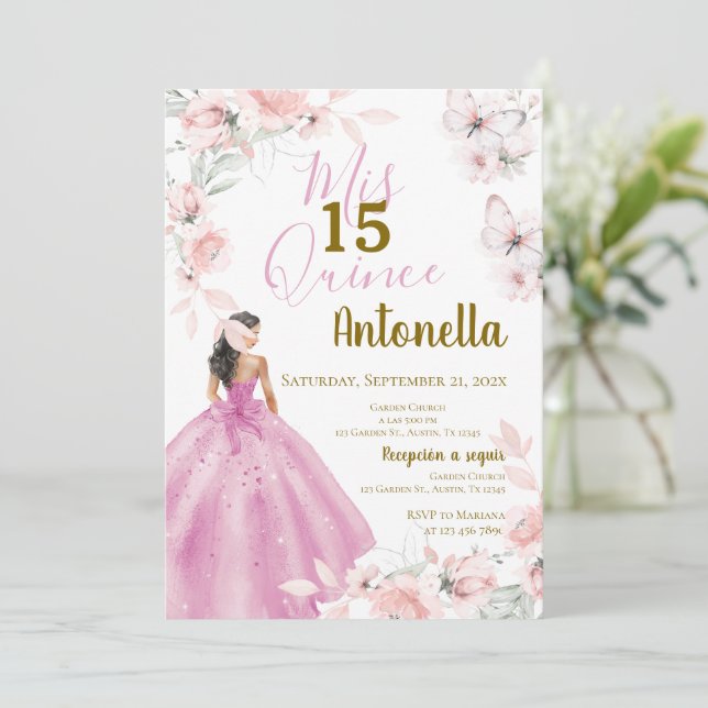 Pink Floral Butterflies Quinceañera Invitation (Standing Front)