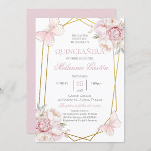 Pink Floral Butterflies Quinceañera Invitation