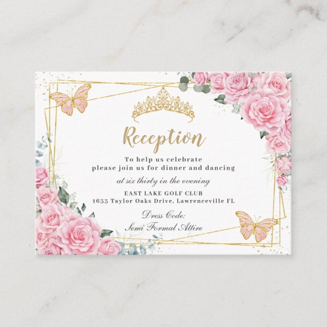 Pink Floral Butterflies Quinceañera Reception Enclosure Card (Front)