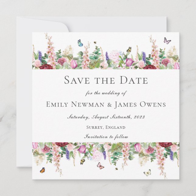 Pink Floral Butterflies Save the Date Invitation (Front)