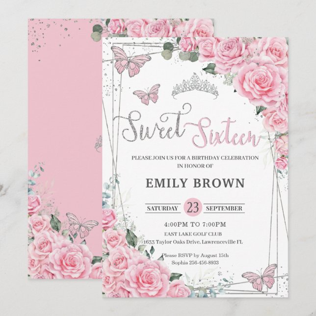 Pink Floral Butterflies Sweet Sixteen 16 Birthday Invitation (Front/Back)